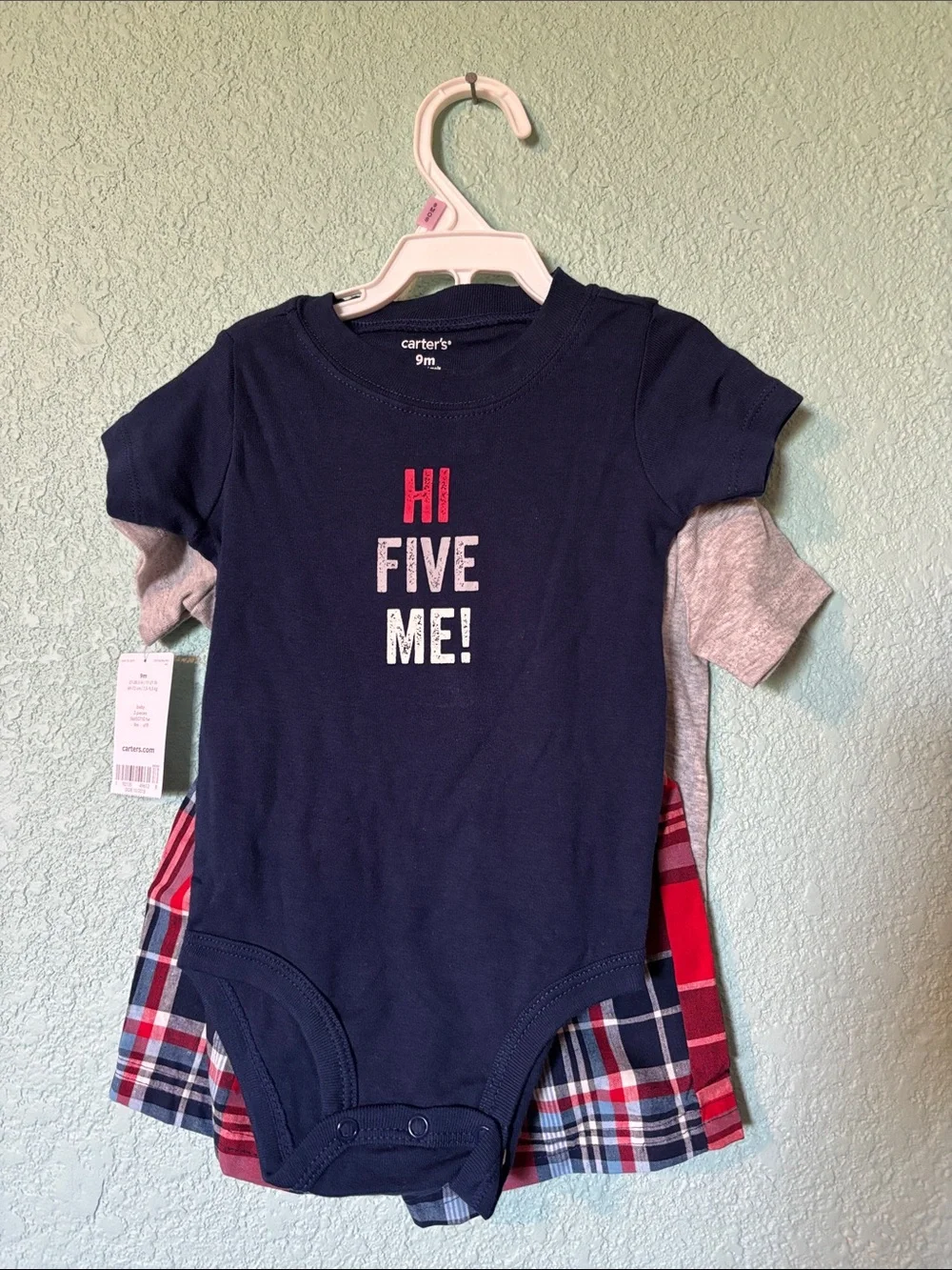 🆕 Carter's 3 Piece Navy 'Hi Five Me!' Baby Shorts and Shirts Set, 9 mos - NWT